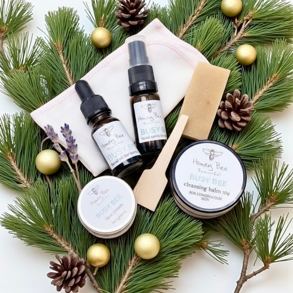 Eco-luxury face care gift set with raw Welsh honey, beeswax and rich cream, packaged with silk ribbon especially formulated to balance, cleanse and moisturise combination skin.