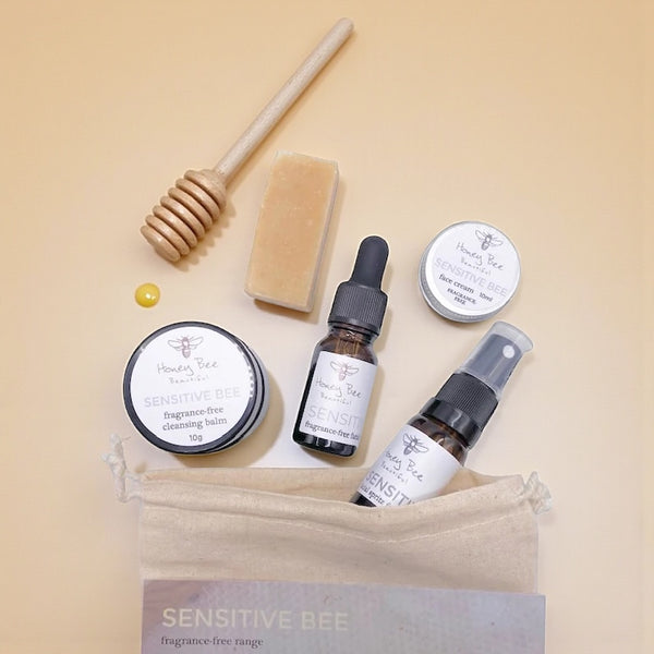 Fragrance-free skincare kit featuring raw Welsh honey and beeswax products for sensitive skin.