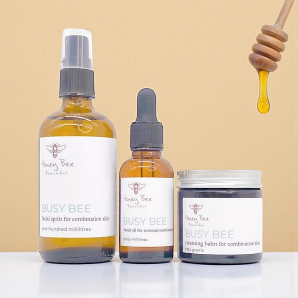 Skincare bundle set with raw Welsh honey and beeswax, tailored for combination skin.