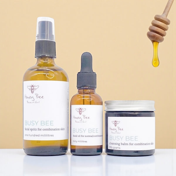 Skincare bundle set with raw Welsh honey and beeswax, tailored for combination skin.