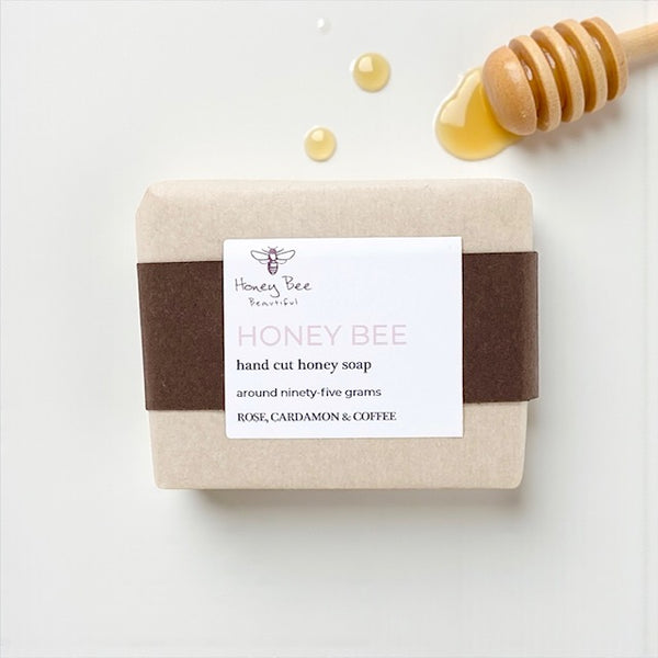 Zero-waste raw honey soap with rose, coffee, and cardamom, enriched with natural oils and beeswax - gently exfoliating, cleansing, and moisturising dry or sensitive skin, leaving it soft, smooth, and radiant.