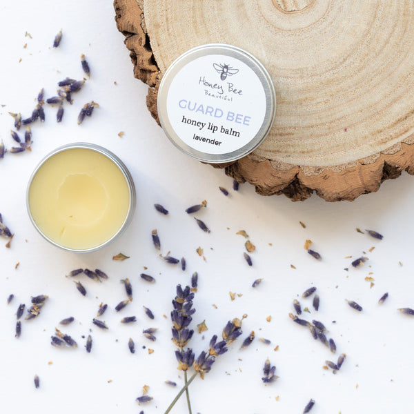 Nourishing lavender lip balm with raw Welsh honey and beeswax, perfect for dry and sensitive lips.