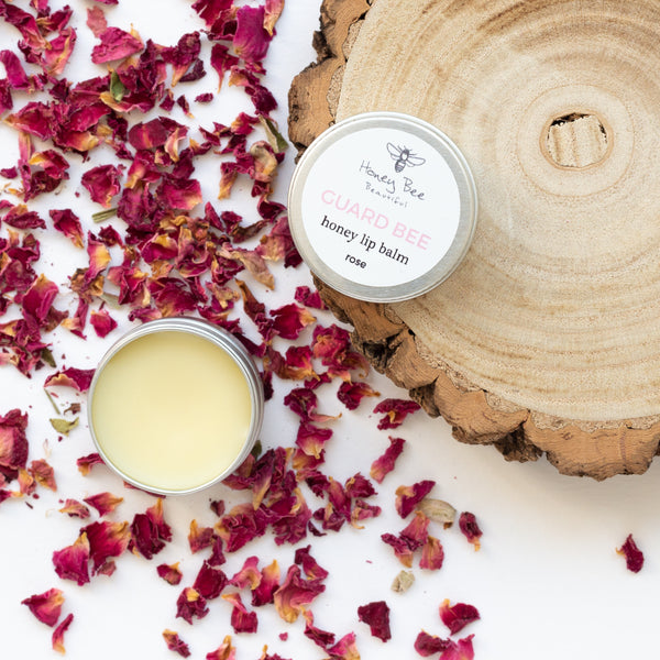 Nourishing rose lip balm with raw Welsh honey and beeswax, perfect for dry and sensitive lips.