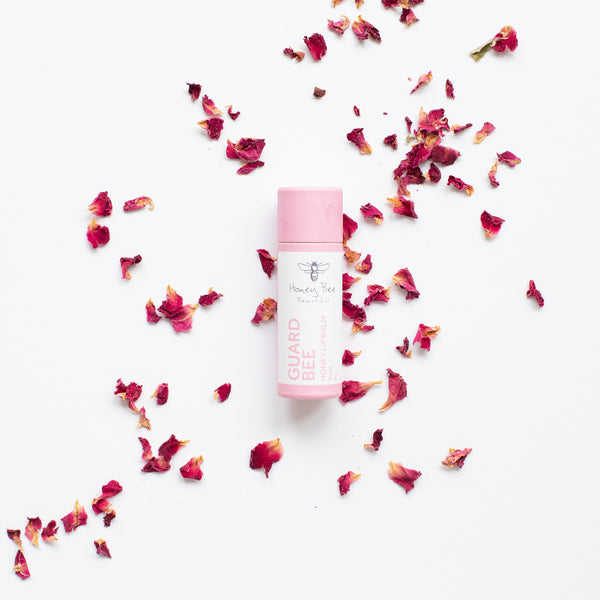 Nourishing rose lip balm with raw Welsh honey and beeswax, perfect for dry and sensitive lips.