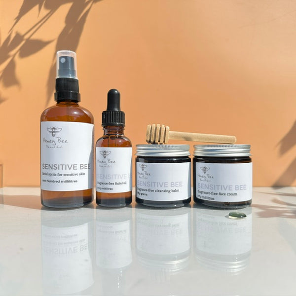 Complete fragrance-free raw honey  skincare routine for sensitive skin and reactive skin.