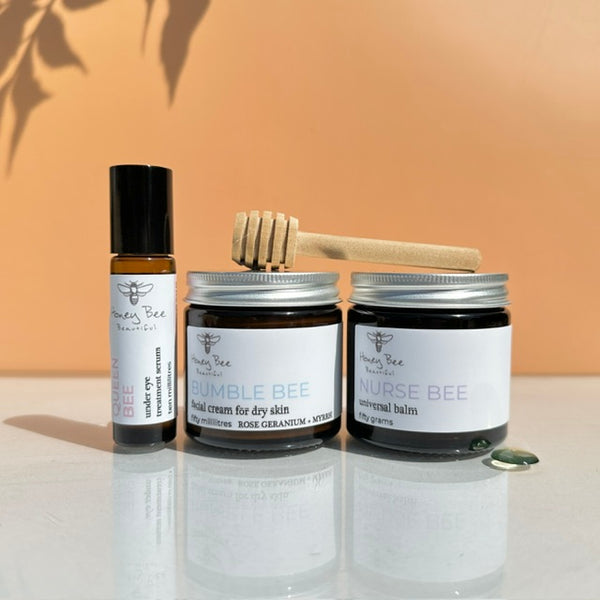 Top 3 best selling raw honey skincare products - face cream, beeswax balm and under eye oil for sensitive, dry and maturing menopausal skin.