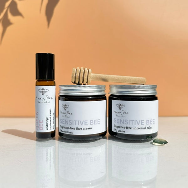 Top 3 best selling fragrance free raw honey skincare products - face cream, beeswax balm and under eye oil for sensitive, dry and maturing menopausal skin.
