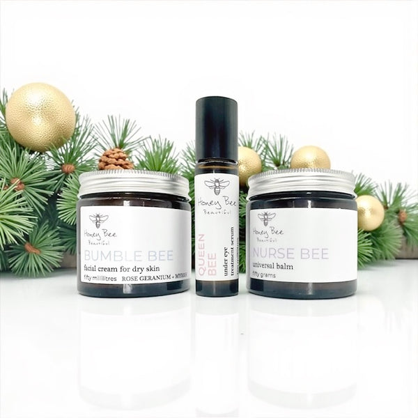 Festive gift of our best selling raw honey bundle of face cream, balm and under eye oil for sensitive, dry and maturing menopausal skin