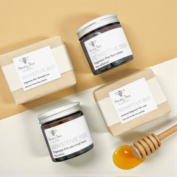 Fragrance free sensitive skin bundle featuring raw Welsh honey and beeswax products for gentle care.
