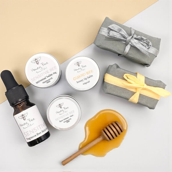 Fragrance free sensitive skin starter kit featuring raw Welsh honey and beeswax products for gentle care.