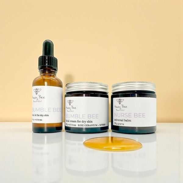 Top-selling raw honey skincare bundle with Welsh honey and beeswax, tailored for dry and maturing skin.