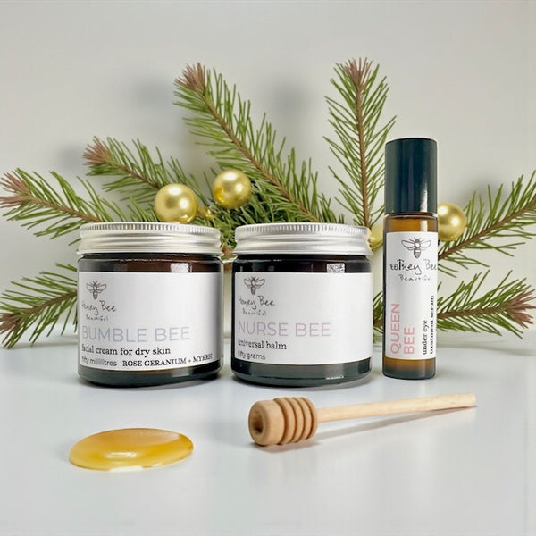 Festive gift of our best selling raw honey bundle of face cream, balm and under eye oil for sensitive, dry and maturing menopausal skin