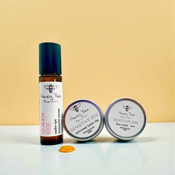 Travel size fragrance free raw honey best selling cream balm and oil for sensitive, dry and maturing menopausal skin