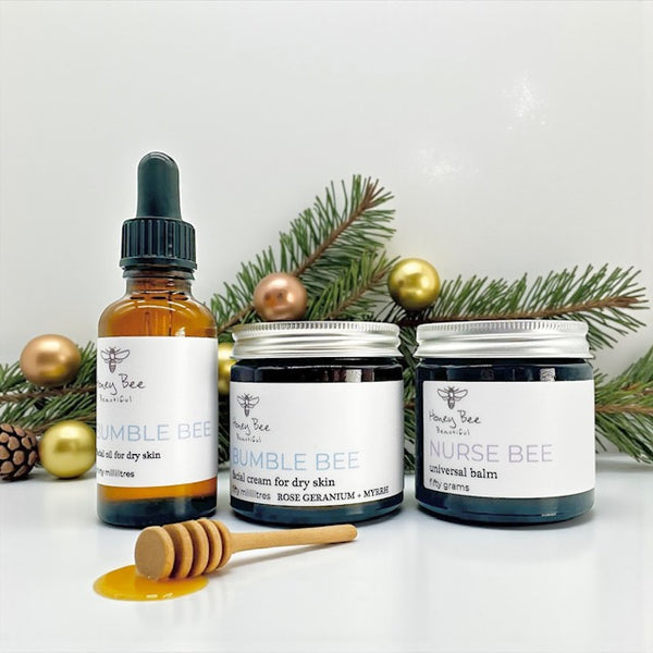 Top-selling raw festive gift of raw honey skincare bundle with Welsh honey and beeswax, tailored for dry and maturing skin.