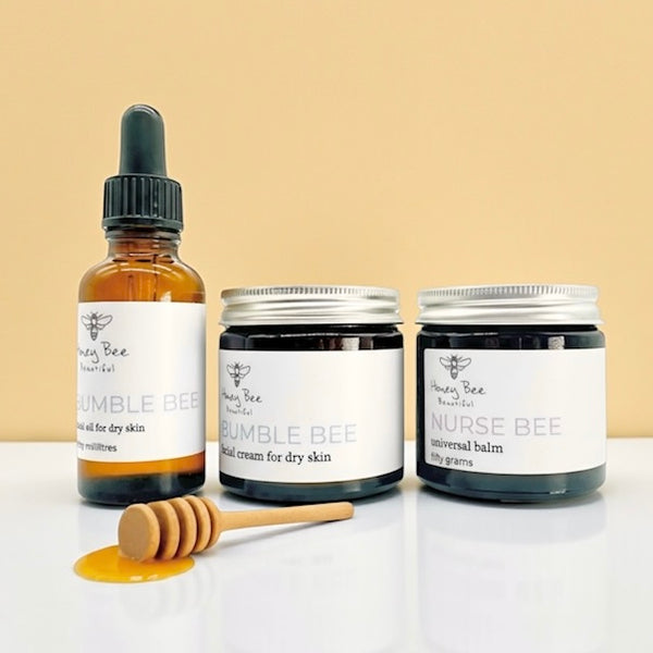 Top-selling raw honey skincare bundle with Welsh honey and beeswax, tailored for dry and maturing skin.