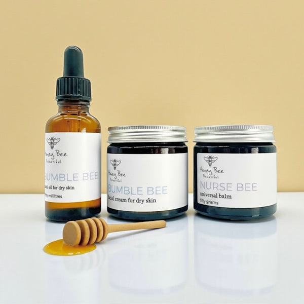 Top-selling raw honey skincare bundle with Welsh honey and beeswax, tailored for dry and maturing skin.
