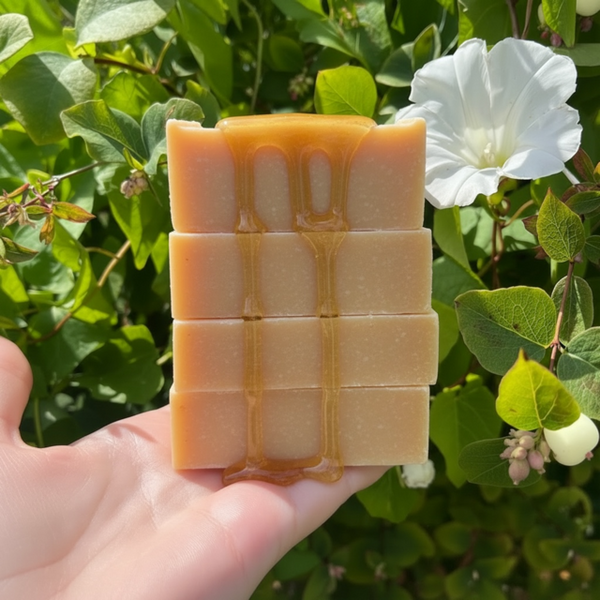 Stack of four fragrance free all natural raw honey shampoo bars for sensitive skin and scalp.