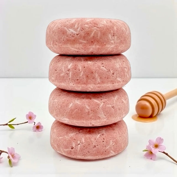 Stack of raw honey Queen Bee shampoo bar for normal, dry, or coloured hair  pH-balanced and scalp-friendly, moisturises, conditions, and strengthens hair while promoting natural shine, volume, and healthy scalp.